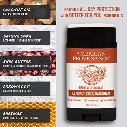American Provenance All Natural Deodorant for Men and Women - Aluminum Free Deodorant that Lasts All Day - Made in the USA with Essential Oils & Cruelty Free - Lemongrass & Marjoram (1 Pack)
