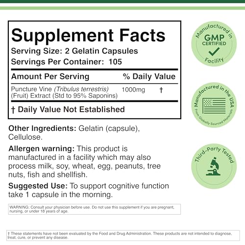 Tribulus Terrestris for Men (Purest 95% Saponin Content) 210 Capsules, 1,000mg Concentrated Fruit Extract (Third Party Tested, Vegan Safe, Non-GMO) for Stamina and Energy by Double Wood