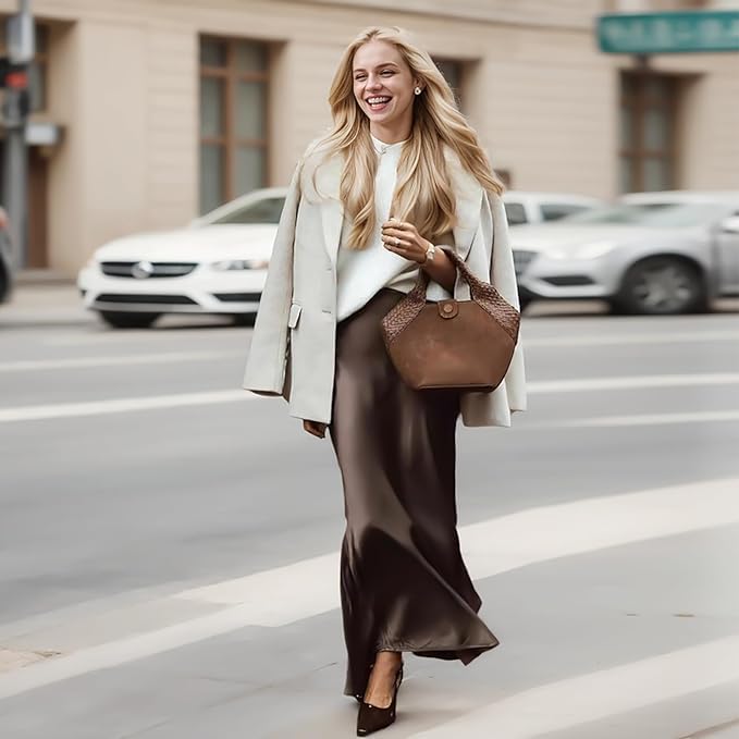 Women's Solid Satin High Waist Midi Long Skirt Hidden Elastic Waistband Office Skirt - Made in USA (Medium,Darkbrown)