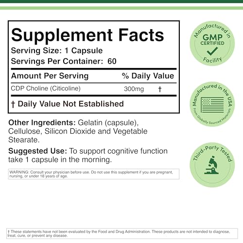 CDP Choline (Citicoline) Supplement, Pharmaceutical Grade, Third Party Tested (60 Capsules 300mg)