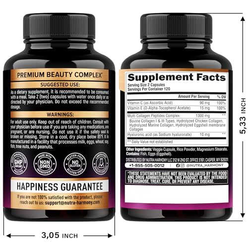 Multi Collagen Peptides - Hydrolyzed Types I, II, III, V & X - Collagen Supplement for Women 1300mg - w/ Hyaluronic Acid, Vitamins C & E - Skin, Hair, Nails & Joint Support - Made in USA, 240 Capsules