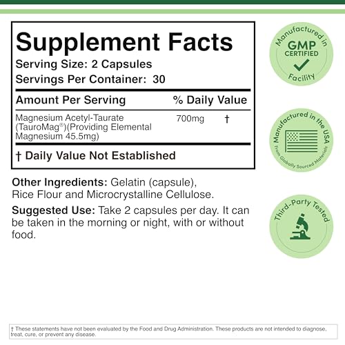 Magnesium Acetyl-Taurate (ATA MG, TauroMag) Novel and Patented Form of Magnesium for PMS and Cramp Relief (60 Capsules, 350mg) PMS Relief Magnesium Supplement by Double Wood Supplements