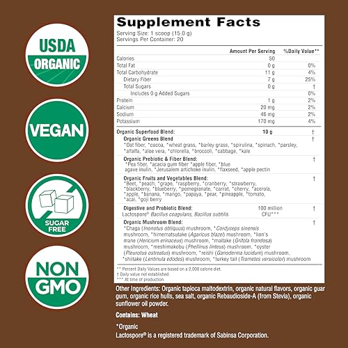 COUNTRY FARMS Organic Super Greens Chocolate Flavor, 50 Organic Super Foods, USDA Organic Drink Mix, Packed with Fiber, Fruits, Vegetables, Mushrooms & Probiotics, Supports Energy, 7g Fiber