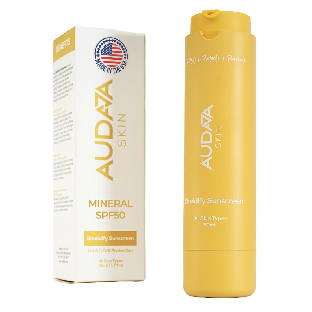 AUDAJA Shieldify Mineral Sunscreen SPF 50 with Zinc Oxide & 7% Titanium Dioxide – Broad Spectrum UV Protection with Hyaluronic Acid –Anti-Aging & Anti-Acne, Made in USA, Cruelty-Free