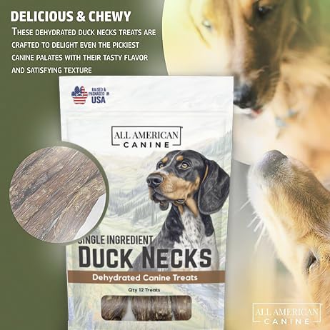All American Canine 12 Natural Duck Neck Dog Treats – Single Ingredient, Dehydrated & Chewy – Low-Fat, High-Protein Training Reward – Made in USA