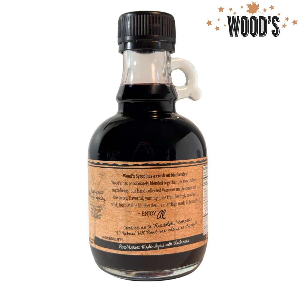 WOOD'S Blueberry Crush Maple Syrup – Small-Batch Vermont Maple Syrup Infused with Real Blueberry Flavor | All-Natural, Vegan Sweetener for Pancakes, Desserts, Cocktails & Baking | 8.45 Fl Oz (250mL)