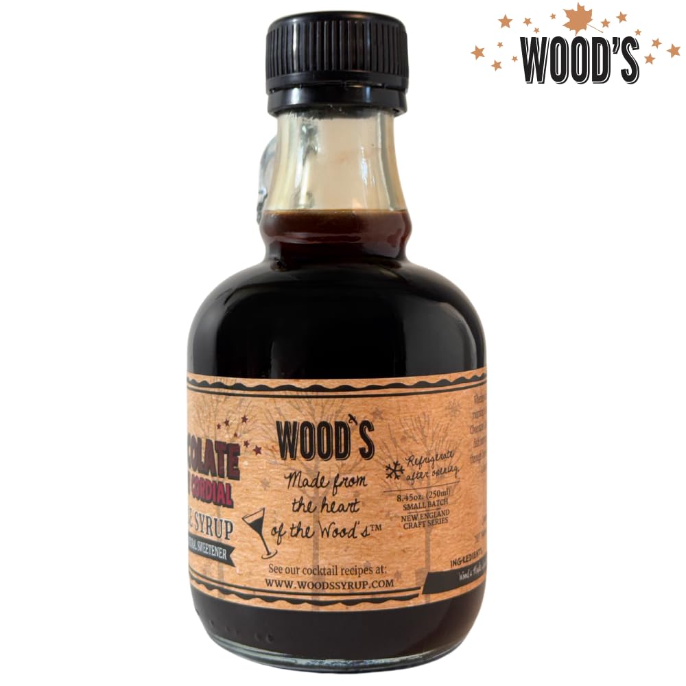 WOOD'S Chocolate Cherry Cordial Infused Maple Syrup – Decadent Vermont Maple Syrup with Dark Cocoa & Succulent Cherries | Small-Batch, All-Natural, Vegan-Friendly Syrup for Breakfast, Desserts & Cocktails | 8.45 Fl Oz