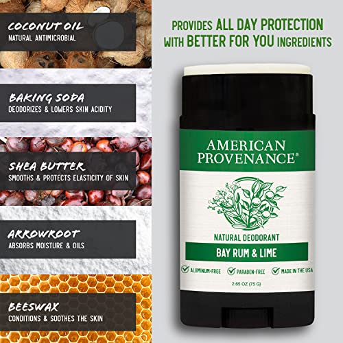 American Provenance All Natural Deodorant for Men and Women- Aluminum Free Deodorant that Lasts All Day - Made in the USA with Essential Oils & Cruelty Free - Bay Rum & Lime (1 Pack)