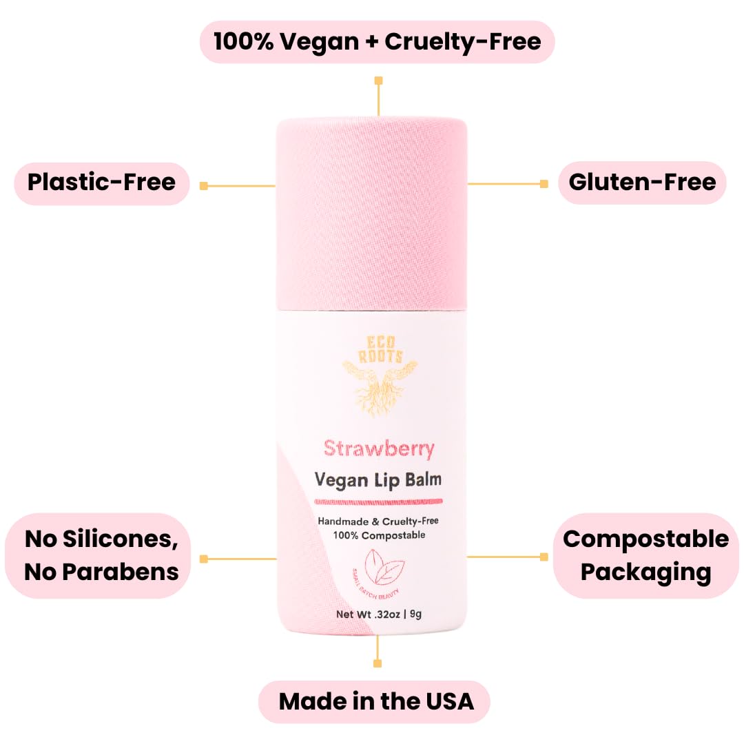 Strawberry Scented Lip Balm 2 Pack - Vegan and Organic Lip Moisturizer - Cruelty-Free, Eco-Friendly - Made in USA with Compostable Packaging - Artfully Crafted Lip Balm Set