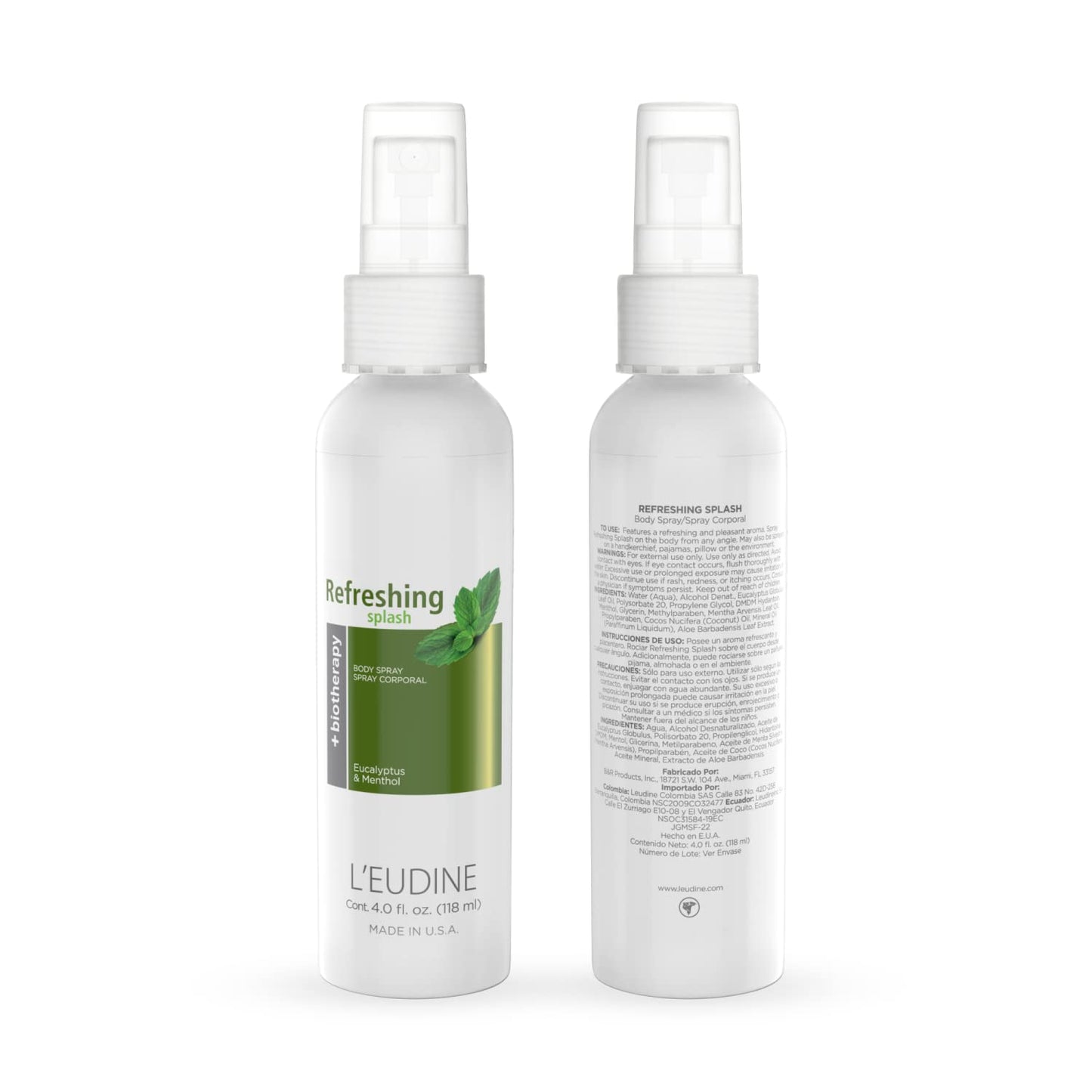 L'EUDINE Refreshing Splash with Eucalyptus Oil, Respiratory Care Body & Room Spray Mint and Aloe Infused, Gentle on The Skin, Multipurpose Small Spaces Air Freshener - 4.0 fl oz