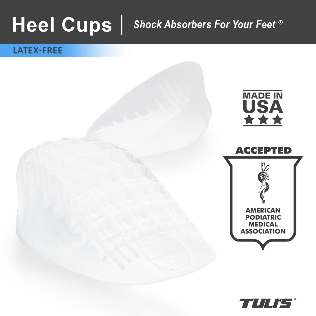 Tuli's Heavy Duty Gel Heel Cups, Cushion Insert for Shock Absorption, Plantar Fasciitis, Sever’s Disease and Heel Pain Relief, Made in USA