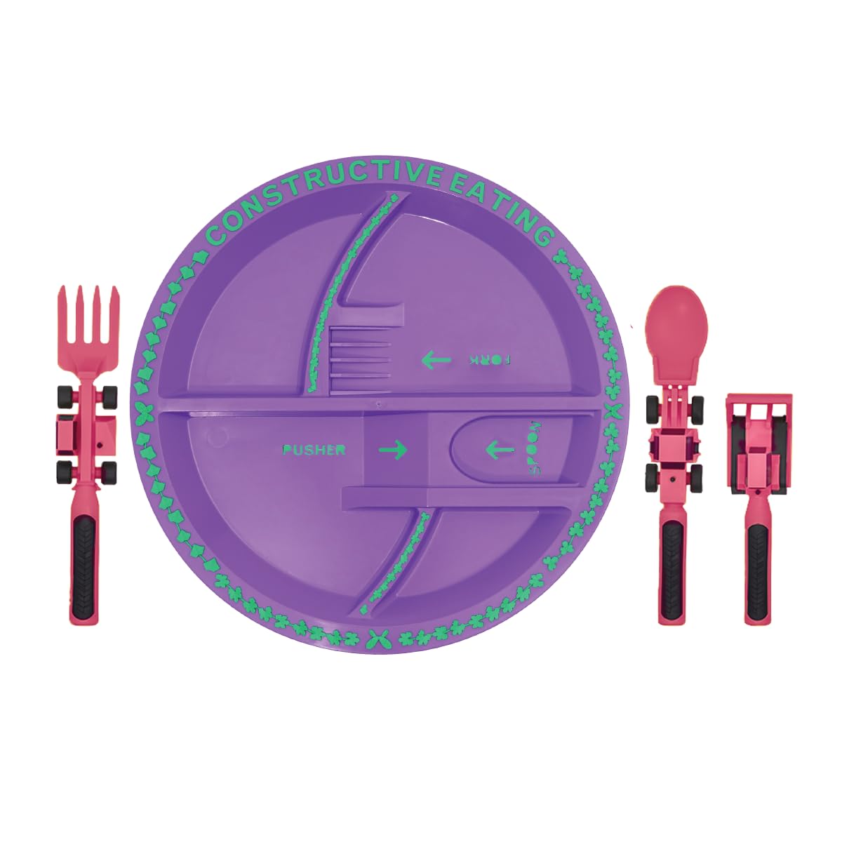 Constructive Eating Plate and Utensils Set - USA-Made Toddler Dinnerware with Divided Plates (Pink Construction)