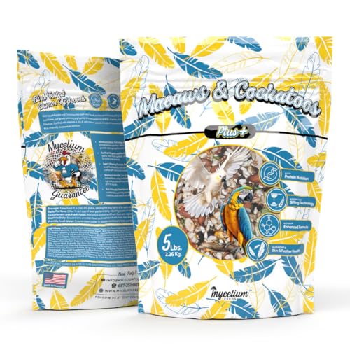 Mycelium Organic Macaw & Cockatoo Plus Bird Food (5 LBS) | High-Protein Bird Seed for Large Birds | Vitamin-Enriched Daily Nutrition | Skin & Feather Support | Non-GMO & USA Made