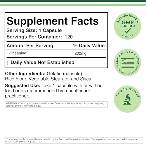 L-Theanine Supplement 200mg, 120 Capsules (Soy Free, Gluten Free, Non-GMO, Third Party Tested) Synergy with Magnesium L-Threonate and Apigenin by Double Wood