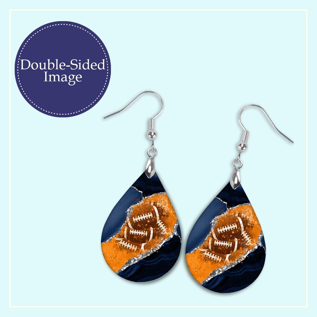 Football Earrings Blue and Orange Dangle Dangling Teardrop MDF Wood Sports School Team Spirit Fan Jewelry for Women Handmade (Navy & Orange)
