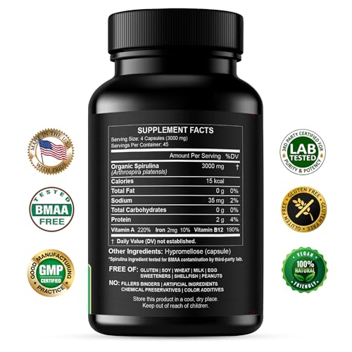 Spirulina Powder Capsules 3000 mg - Purest Non-Irradiated Blue Green Algae - Best Raw Vegan Protein - Green Superfood - Natural Multivitamins – 180 Pills Made in The USA
