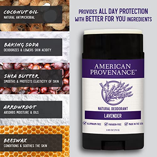 American Provenance All Natural Deodorant for Men and Women - Aluminum Free Deodorant that Lasts All Day - Made in the USA with Essential Oils & Cruelty Free - Lavender (1 Pack)