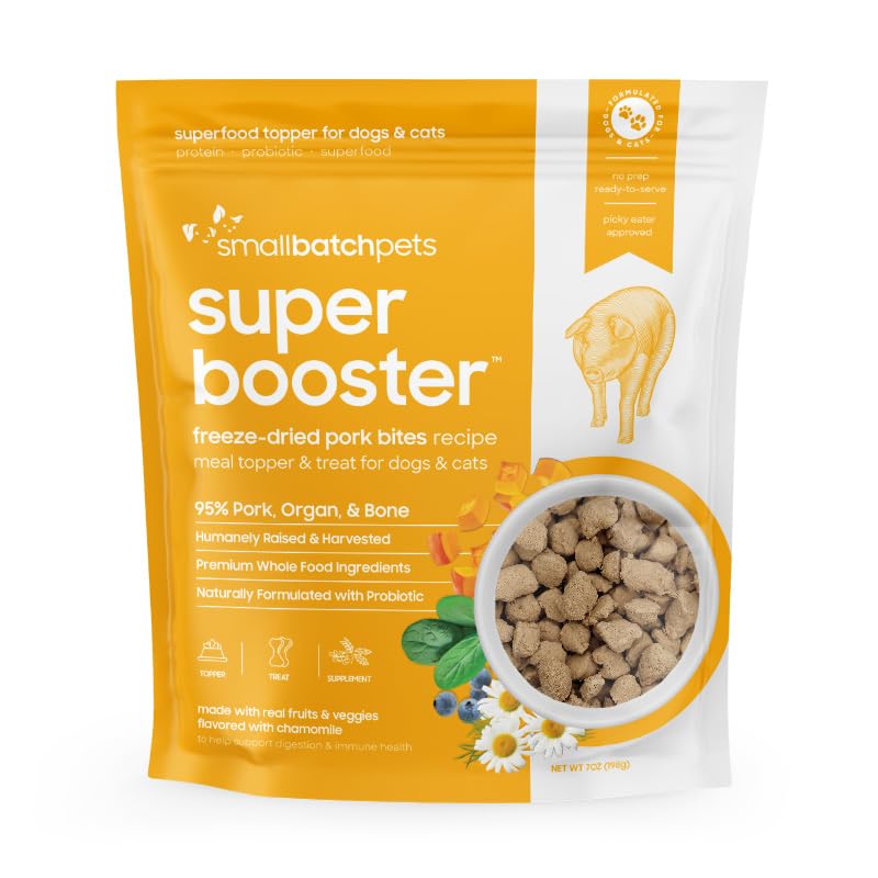 smallbatch Freeze Dried Dog Treats, Superfood Food Topper Pork Bites for Dogs & Cats, Probiotics, Organic Ingredients, High Protein, Grain Free Healthy Treat & Food Topper, Made in The USA, 7 oz Bag