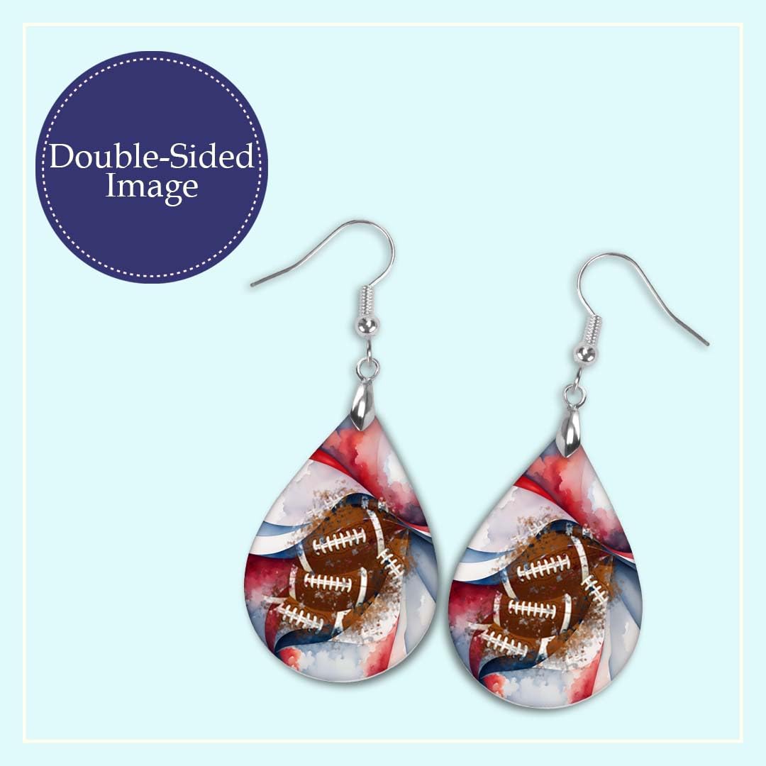 Football Dangle Earrings Teardrop Sports School Team Spirit Fan Jewelry for Women Handmade by The Painted Pug (Football Navy Red White)