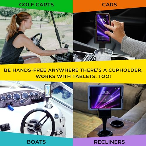 CUP HOLDER PHONE HOLDER Smartphone Mounts for Cars or Trucks Made in USA by Cell Phone Seat, Universal Fit Including iPhone, Samsung, Android Cellphones, Hands-Free Compliant Cradle