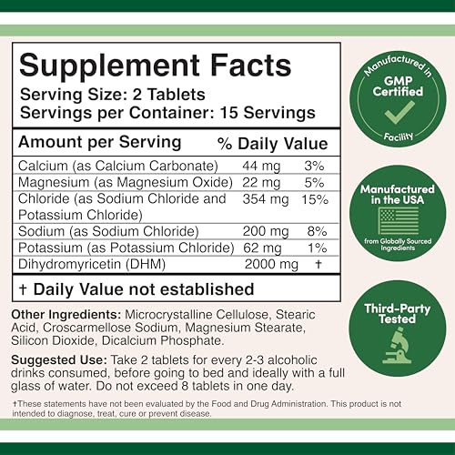 DHM1000 Dihydromyricetin (DHM) Tablets - Most Powerful DHM Supplement on The Market - 1,000mg (30 Count) Enhanced with Electrolytes for Hydration and Liver Support by Double Wood