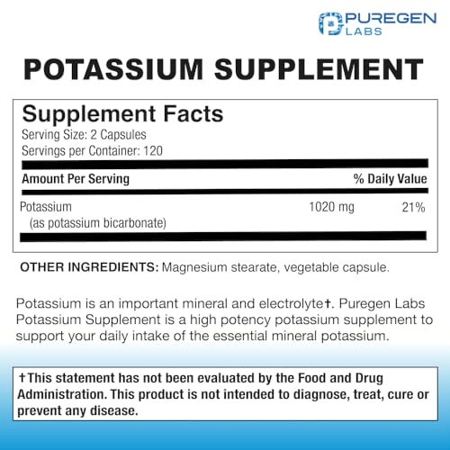Puregen Labs Potassium Bicarbonate Supplement 1020 mg | Non-GMO | Gluten Free | Made in USA | 240 Vegetarian Capsules