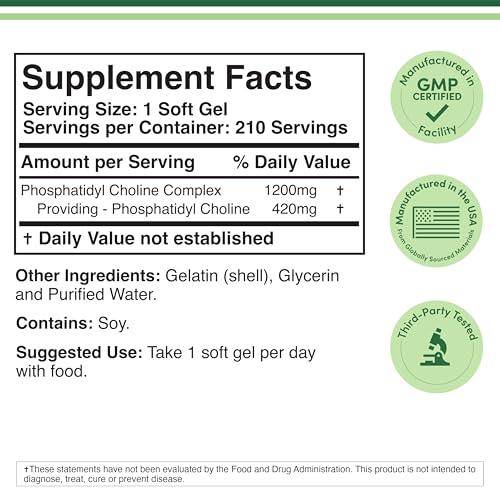 Phosphatidylcholine 1,200mg – 210 Softgels – Enhanced Version of Sunflower and Soy Lecithin (Choline Supplements) - Non-GMO and Gluten Free to Support Brain Health by Double Wood