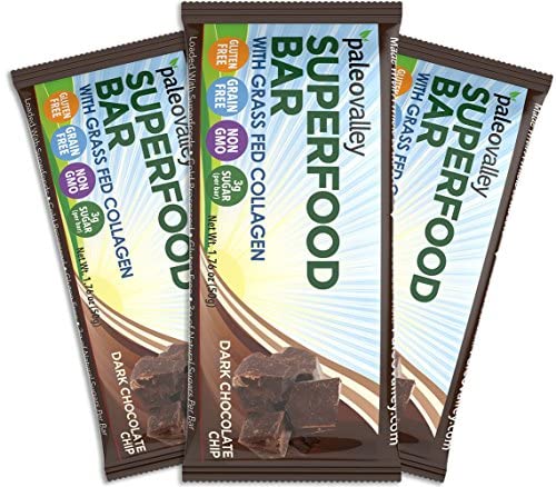 Paleovalley: Superfood Bars with Grass Fed Bone Broth Protein - Dark Chocolate Chip - 12 Bars - All Organic Ingredients with 10 Antioxidant-Rich Superfoods - No Gluten, Grains, Soy or Added Sugar