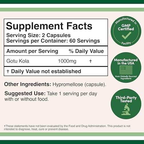 Gotu Kola Capsules (Centella Asiatica) 1,000mg of Per Serving (120 Capsules) No Fillers, Vega, Safe, Non-GMO, Gluten Free (Gotu Kola Extract for Relaxation and Cognitive Function) by Double Wood