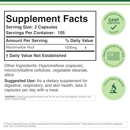 Marshmallow Root Capsules (210 Count, 1,000mg per Serving) High in Mucilage to Support Respiratory, Skin and Gut Repair (Vegan Safe, Gluten Free) by Double Wood