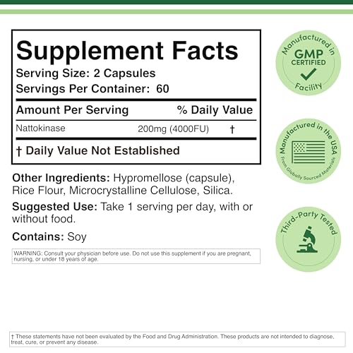 Nattokinase Supplement 4,000 FU Servings, 120 Capsules (Derived from Japanese Natto) Systemic Enzymes for Cardiovascular and Circulatory Support by Double Wood