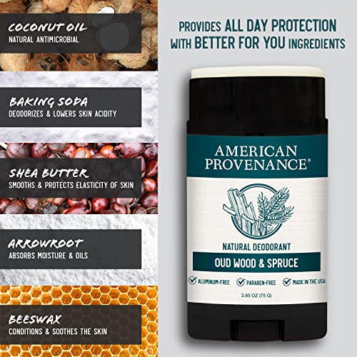 American Provenance Aluminum Free Natural Deodorant For Women and Men - Oud Wood and Spruce - 24 Hour Odor Protection - Cruelty Free - Made in the USA (1 pack)