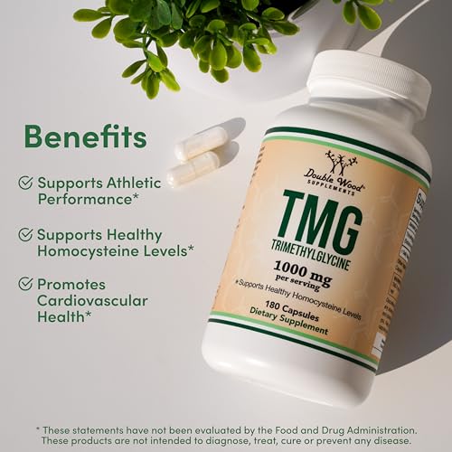 Double Wood Supplements TMG Trimethylglycine Supplement 1,000mg Per Serving, 180 Capsules (TMG Supplements for Homocysteine Control) Genuine TMG with Fishy Smell, Gluten Free, Non-GMO