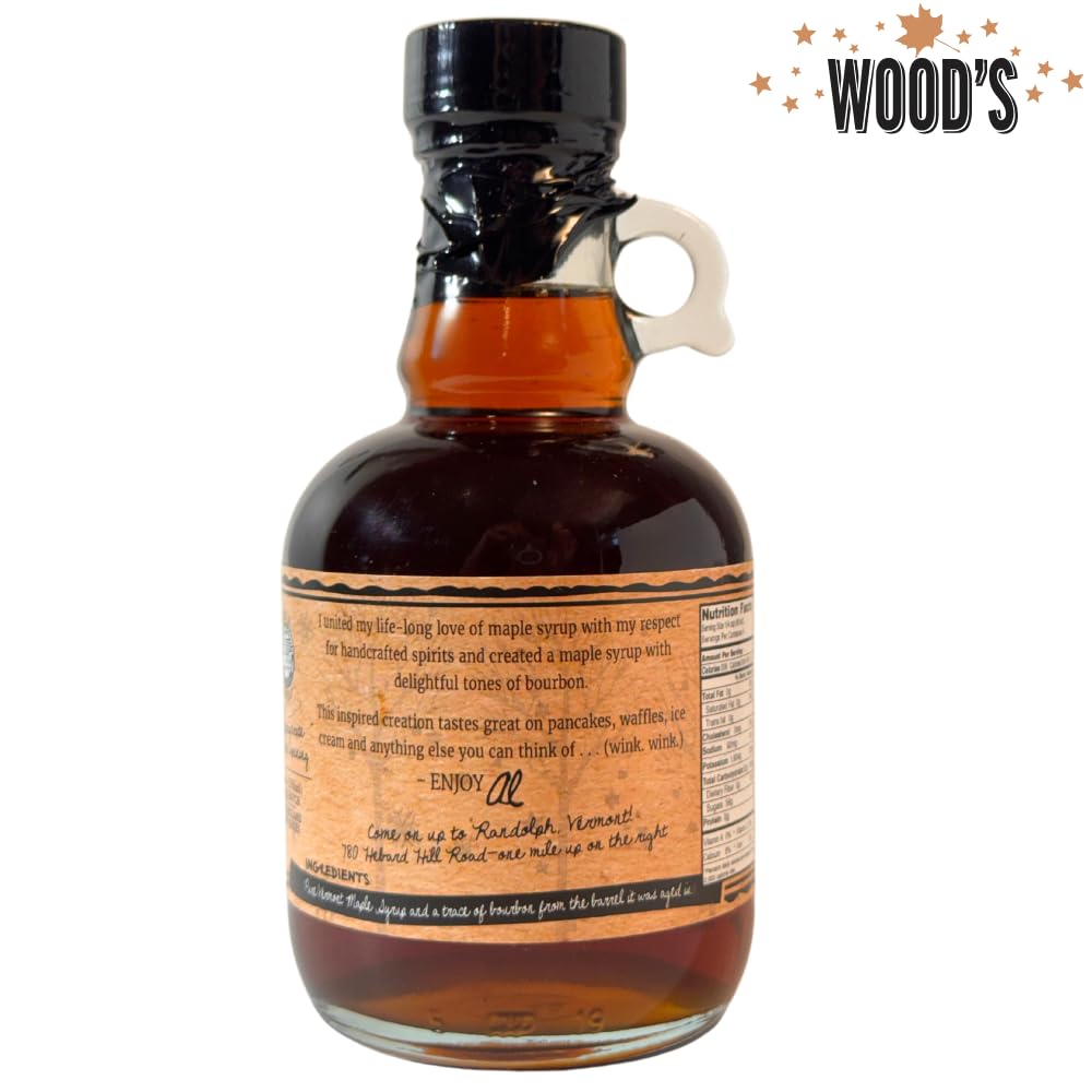 WOOD'S Vermont Bourbon Barrel Aged Maple Syrup – Premium Maple Syrup with Rich Flavor & Subtle Bourbon Notes – Ideal for Pancakes, Desserts, and Cocktails – 8.45 oz