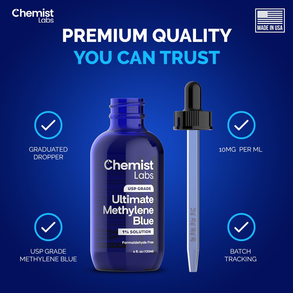 Chemist Labs Methylene Blue – 1% Solution | 99.99% USP-Grade Liquid Drops – Antioxidant for Mitochondrial & Cellular Support – 4oz (120ml) – Formaldehyde-Free – Made in USA