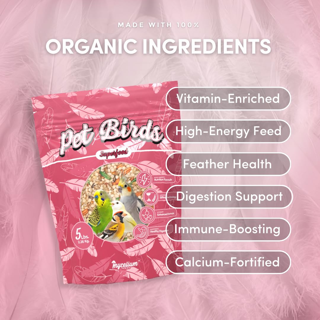 Mycelium Organic Pet Bird Superfood (5 LB Bag) | Vitamin-Enriched Bird Food for Parakeets, Finches, Canaries & Lovebirds | Daily Support for Energy, Digestion & Feather Health | Clean, USA-Grown Feed
