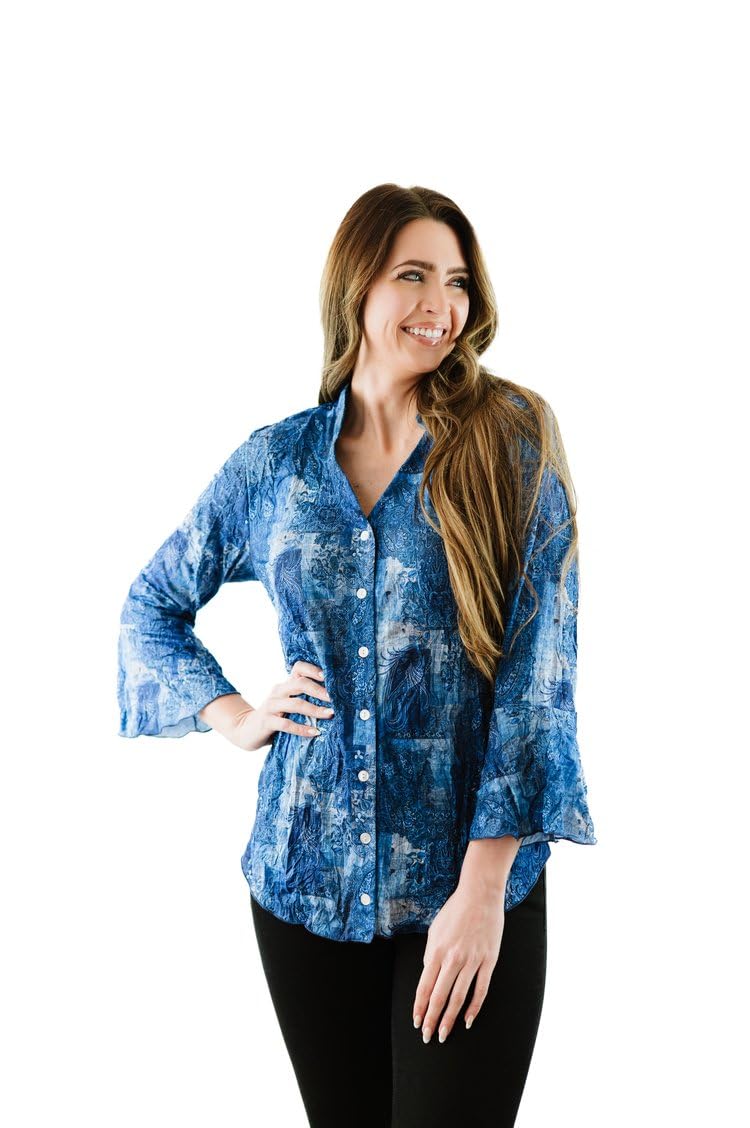 SNO SKINS Spring/Summer Collection Designer Print Crinkle Sweetheart Top with Stand Collar (Denim Love)