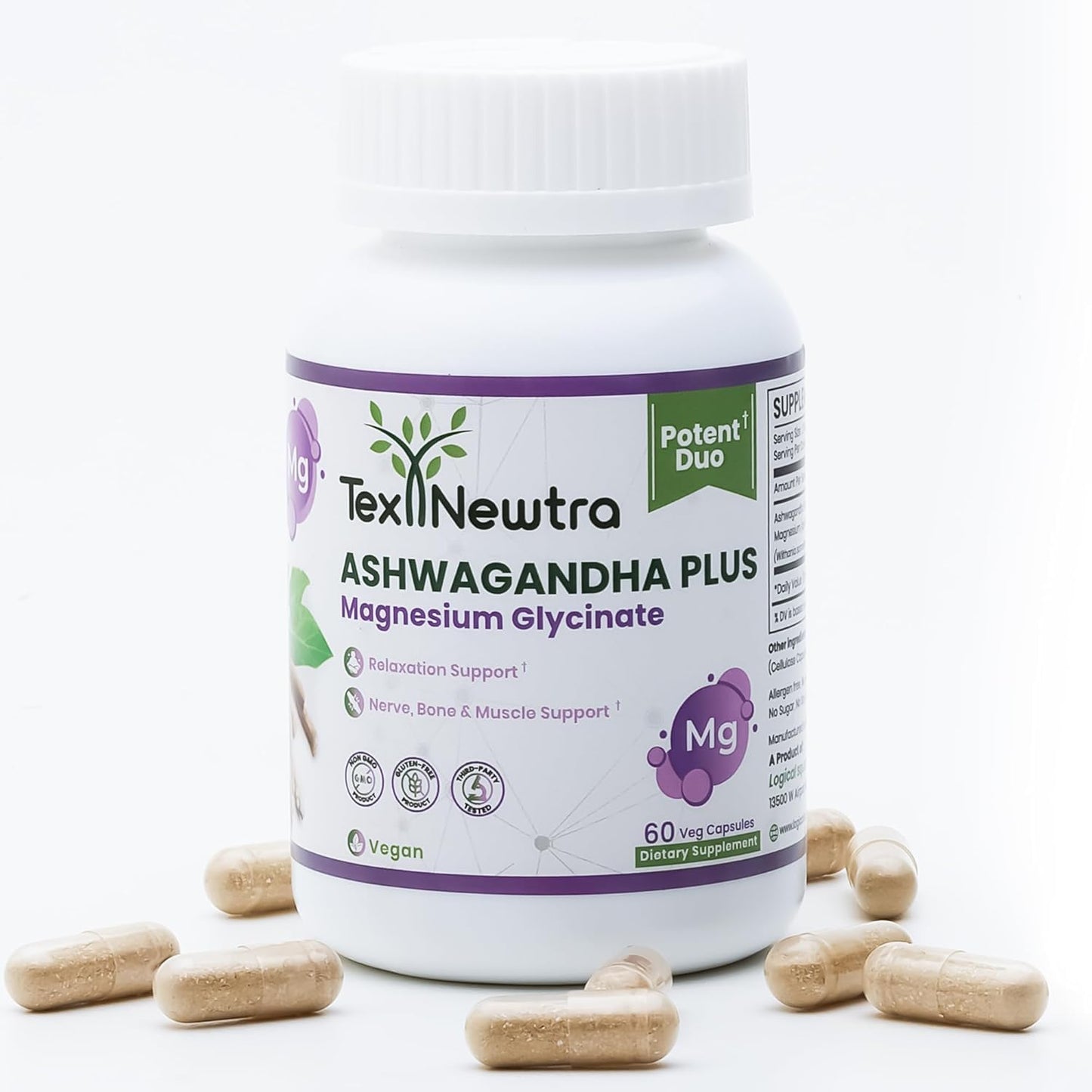 TEX NEWTRA Ashwagandha Vegan Root Extract (5% Withanolides) & Magnesium Glycinate Supplement – Non-GMO, Gluten-Free, Allergen Free and Lactose Free – 60 Capsules