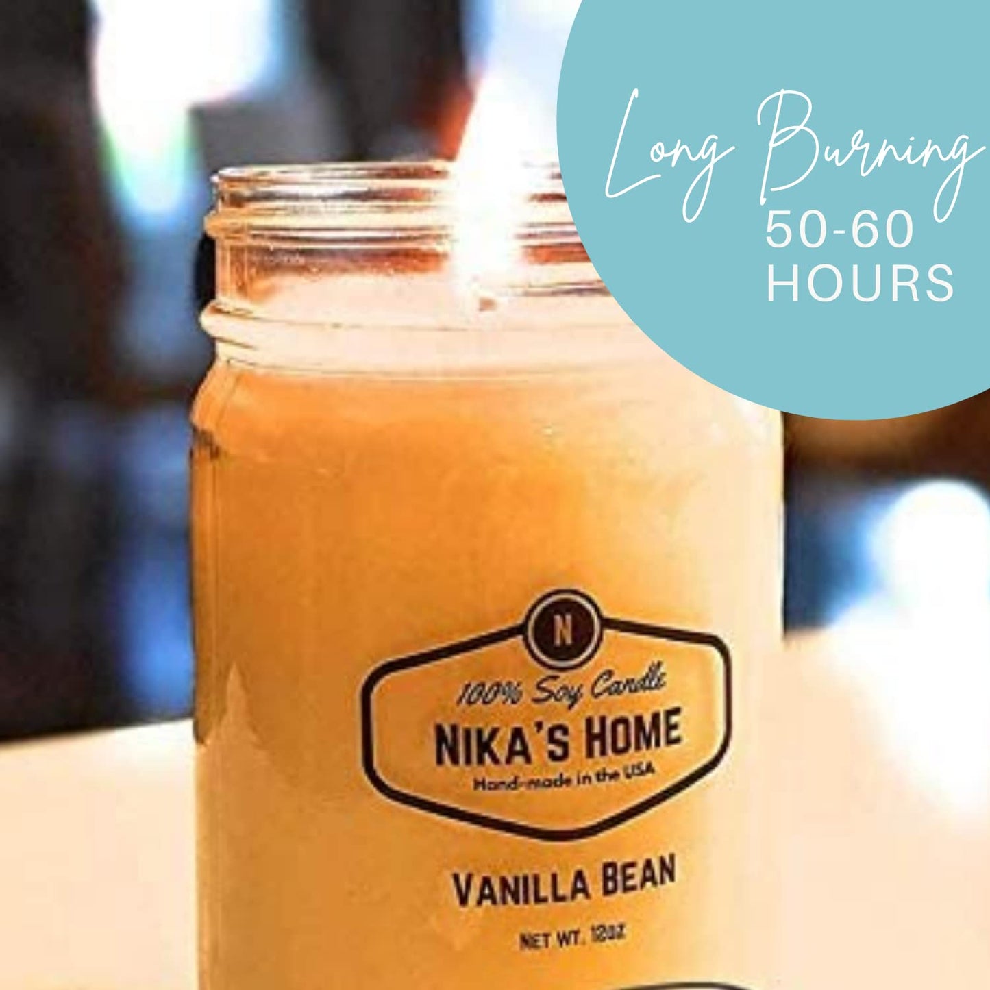 Nika's Home Vanilla Bean Soy Candle - 12oz Mason Jar - Non-Toxic - Hand Poured in The USA, Long Burning 50-60 Hours Highly Scented All Natural, Clean Burning