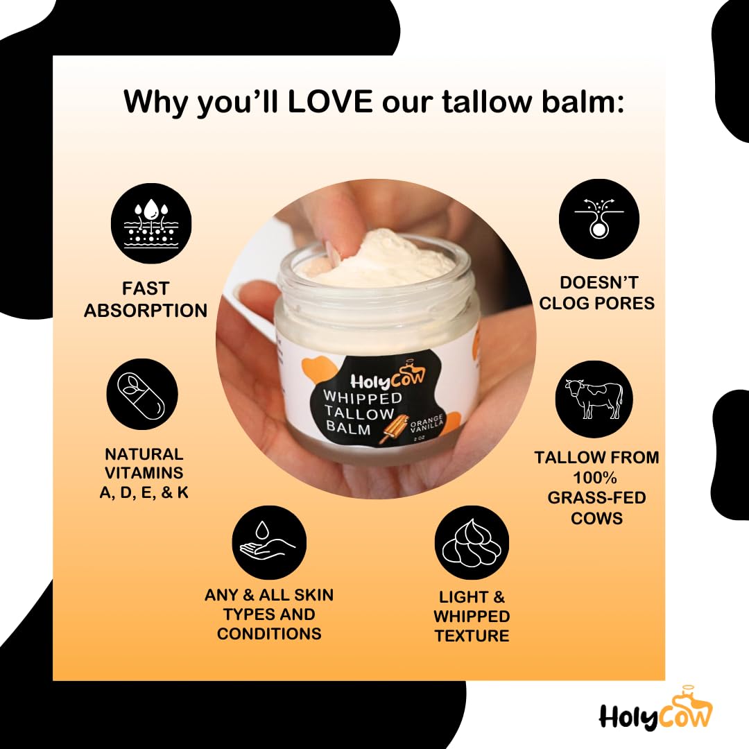 HolyCow Beef Tallow For Skin - Whipped Tallow Balm with Organic Jojoba Oil (Orange Vanilla), Grass Fed Beef Tallow Face Moisturizer for Eczema, Baby, Lip Balm - Lotion For Extremely Dry Skin