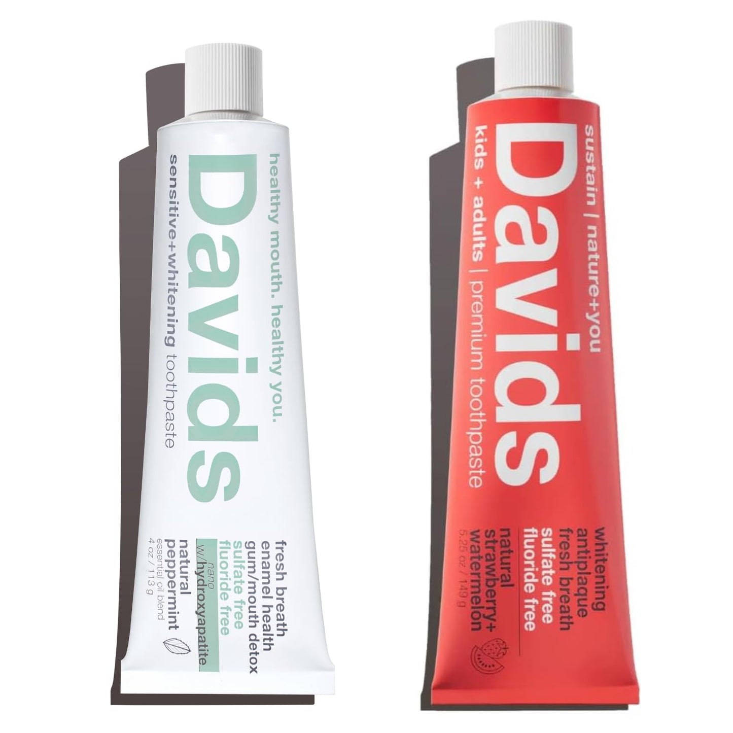 Davids Nano Hydroxi and Antiplaque Strawberry Watermelon Fluoride Free Toothpaste Bundle, SLS Free, Recyclable Metal Tube, Made in USA, 4 oz and 5.25oz