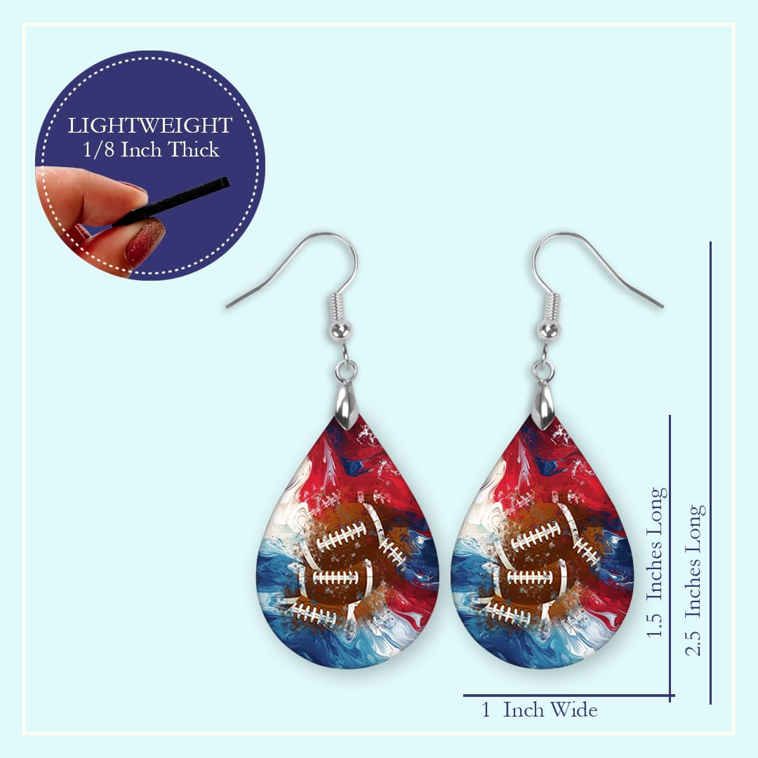 Football Dangle Earrings Teardrop Sports School Team Spirit Fan Jewelry for Women Handmade by The Painted Pug (Football RWB)