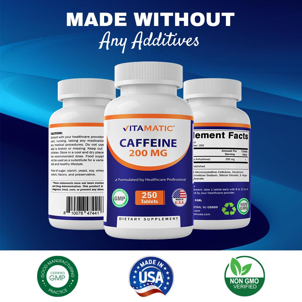 Vitamatic Caffeine Pills 200mg per Serving, 250 Vegetarian Tablets