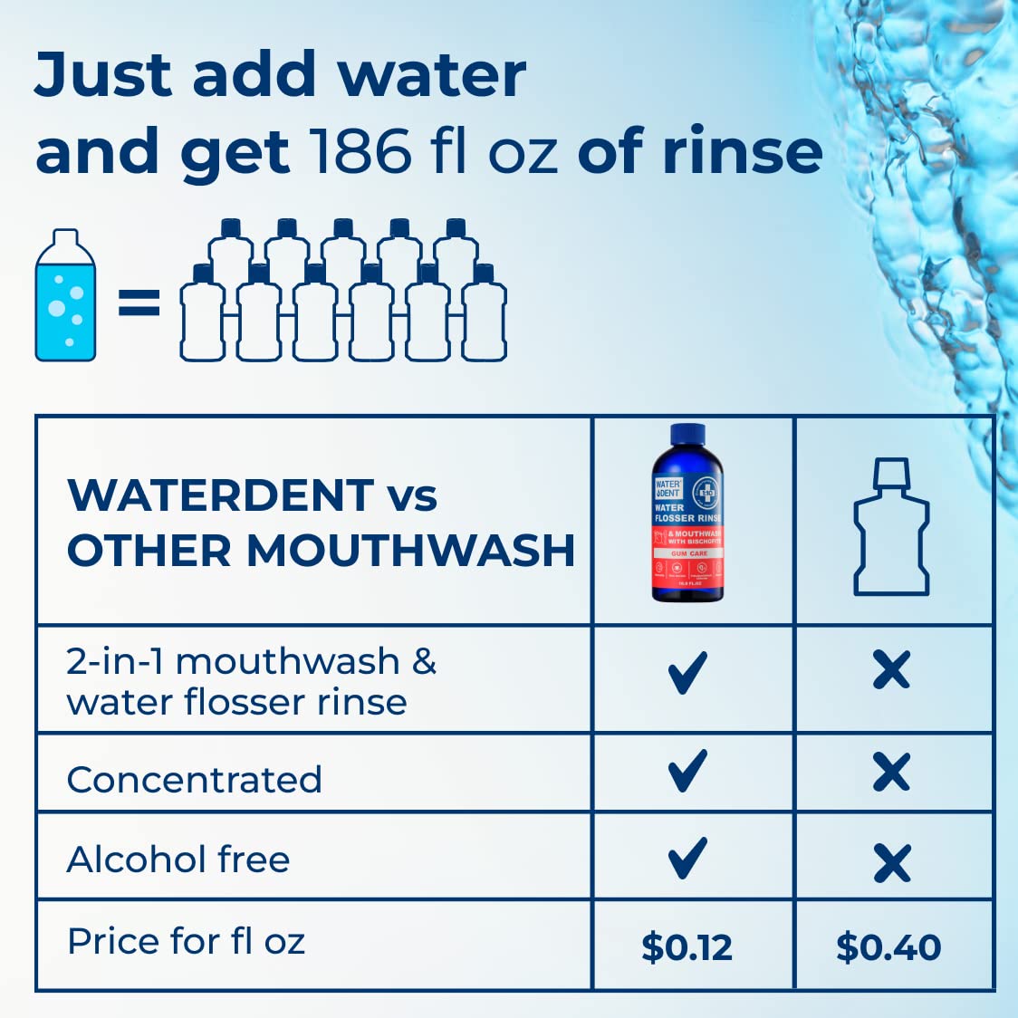 Concentrated Water flosser Rinse & mouthwash Gum Care| Add to Water Flosser & Oral irrigator | Apple Mint| Pack of 1 = 16.9 fl.oz | Alcohol Fluoride Free, Made in USA | WATER DENT