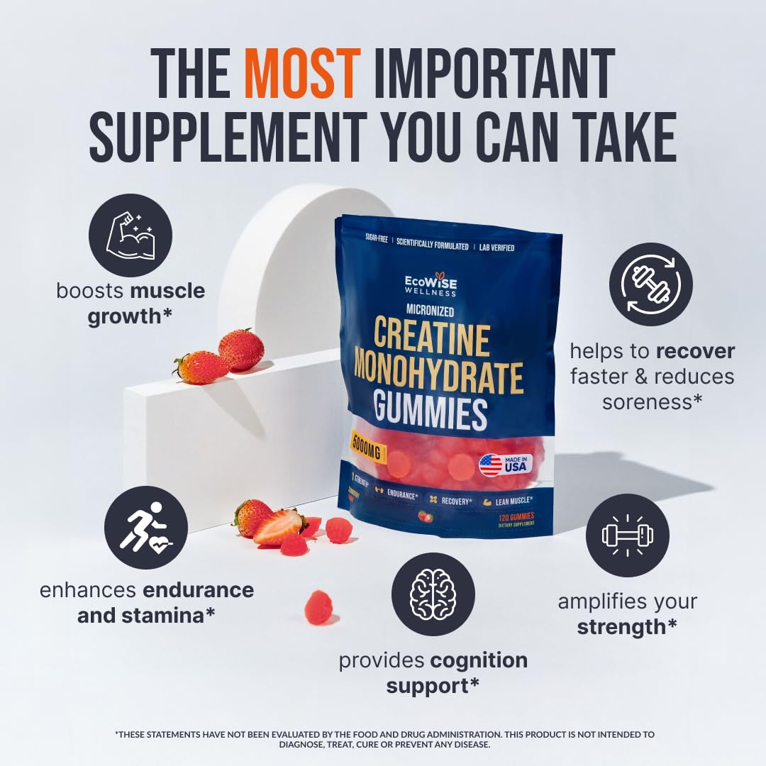 EcoWise Wellness Creatine Monohydrate Gummies 5000 mg, Fresh Strawberry Flavor, 120 Sugar-Free Vegan Chews, Creatine Supplement for Daily Routine