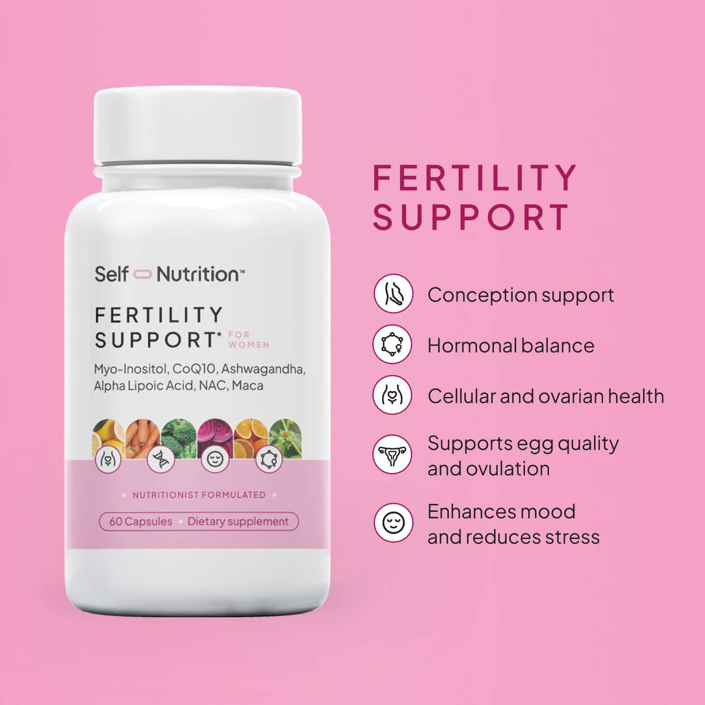 SELF NUTRITION Fertility Support for Women | Conception for Her, Coenzyme Q10, Ashwagandha, Myo-Inositol & More| Support Cycle Regularity & Ovulation| Vegan, Non-GMO, USA Made-60 Capsules
