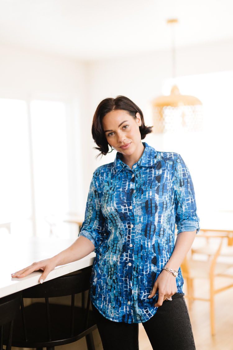 SNO SKINS Spring/Summer Collection Designer Print Crinkle Button-Down Shirt with Tab Sleeves (Wavy Tiles)