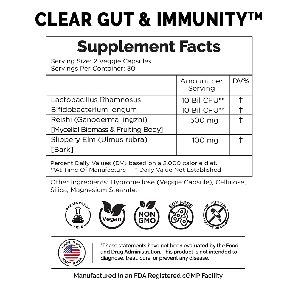 Probiotic for Digestive Health & Gut Immunity - Slippery Elm & Reishi Mushroom Supplement Supercharged with Two Probiotic Strains to Help Balance The Gut Microbiome (60 Count - 1 Month Supply)