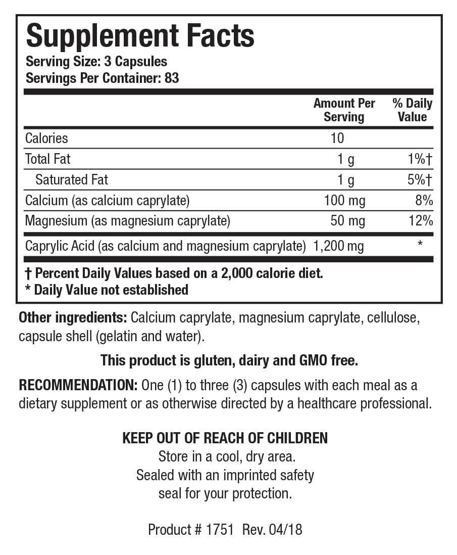 Biotics Research Caprin Caprylic Acid 1200 Milligram Serving, Gastrointestinal Support, Calcium, Magnesium Added, Aids in Gut Microbial Balance 250 Capsules