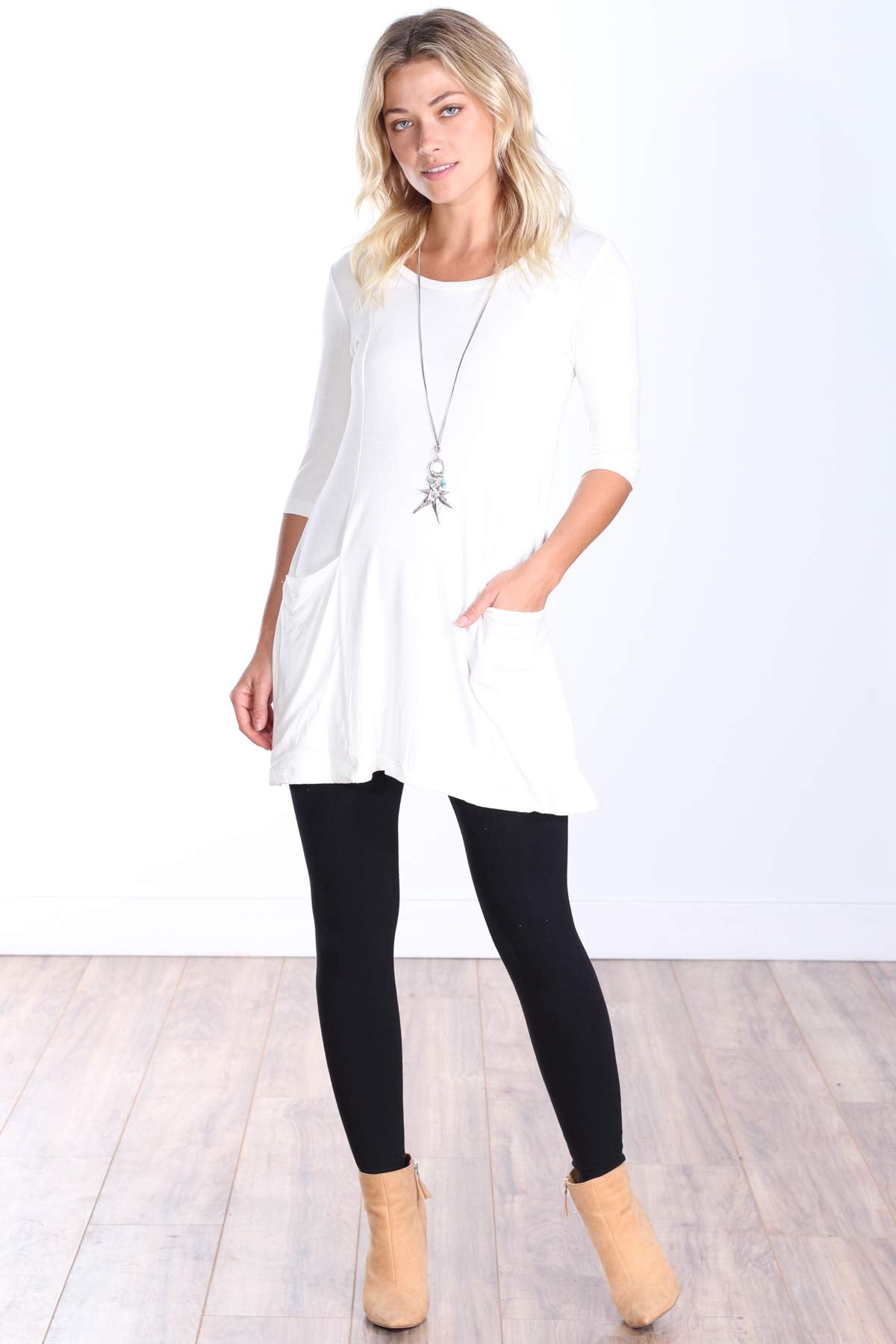 Popana Womens 3/4 Sleeve Tunic Top With Pockets for Leggings Made In USA Pearl